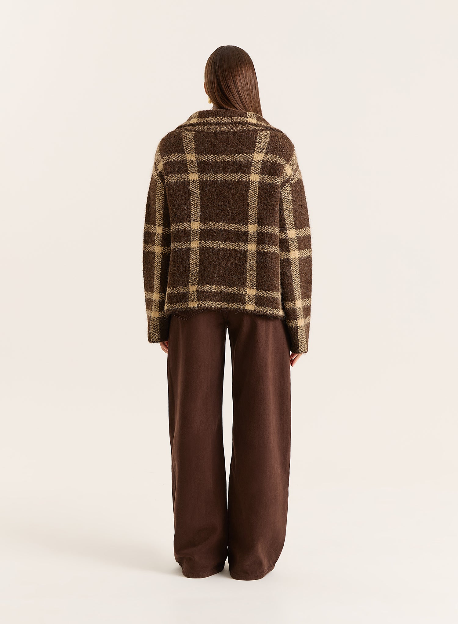 Chocolate Checked Knitted Zip Jacket